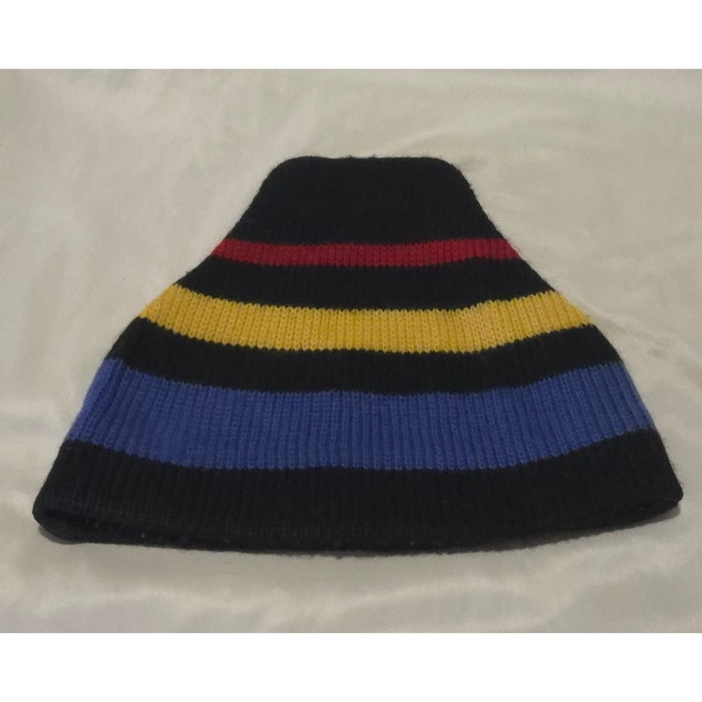 Meister Vintage 100% Wool Striped Knit Beanie Black Blue Yellow  Retro Ski Hat